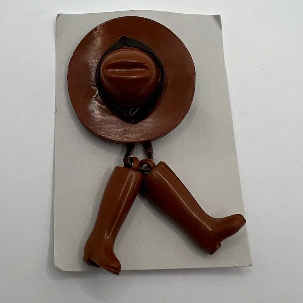 Vintage 1930s Celluloid Brown Cowboy Hat & Riding Boots Brooch Pin Plastic